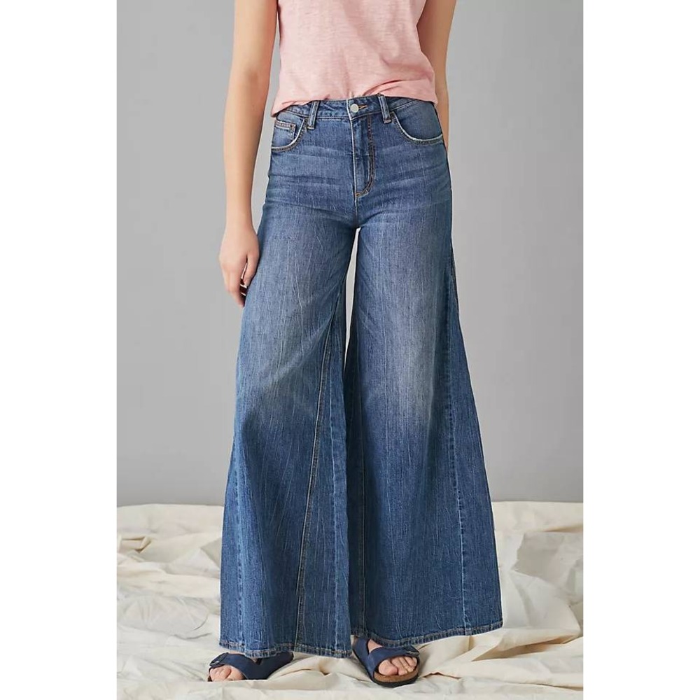 Pilcro Wide Leg Jeans Womens 26P Blue High Rise Flare Stretch Denim Boho Coastal